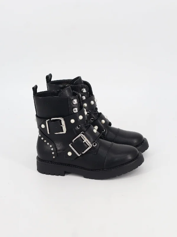 Women's Bead Leather Ankle Boots,Black