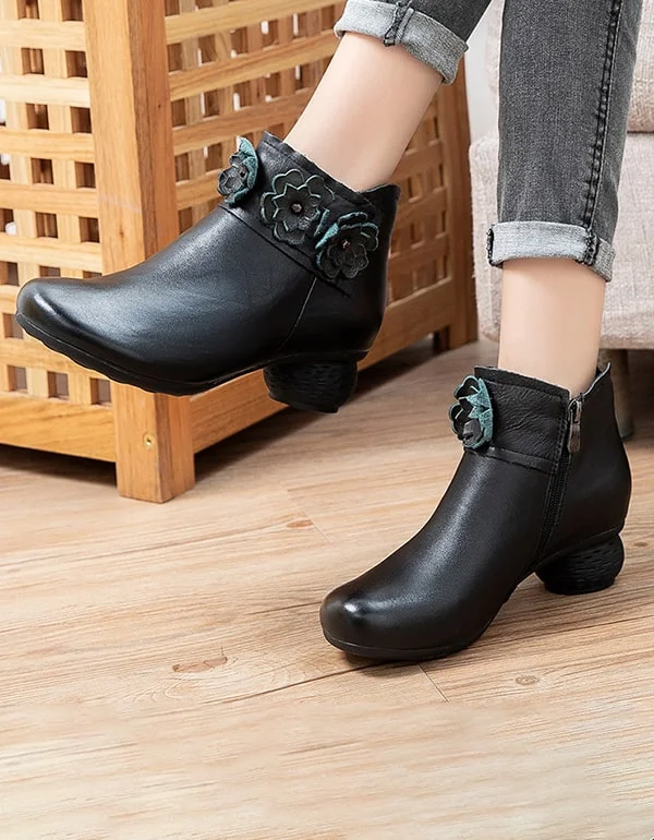 Autumn Winter Retro Leather Flower Chunky Shoes