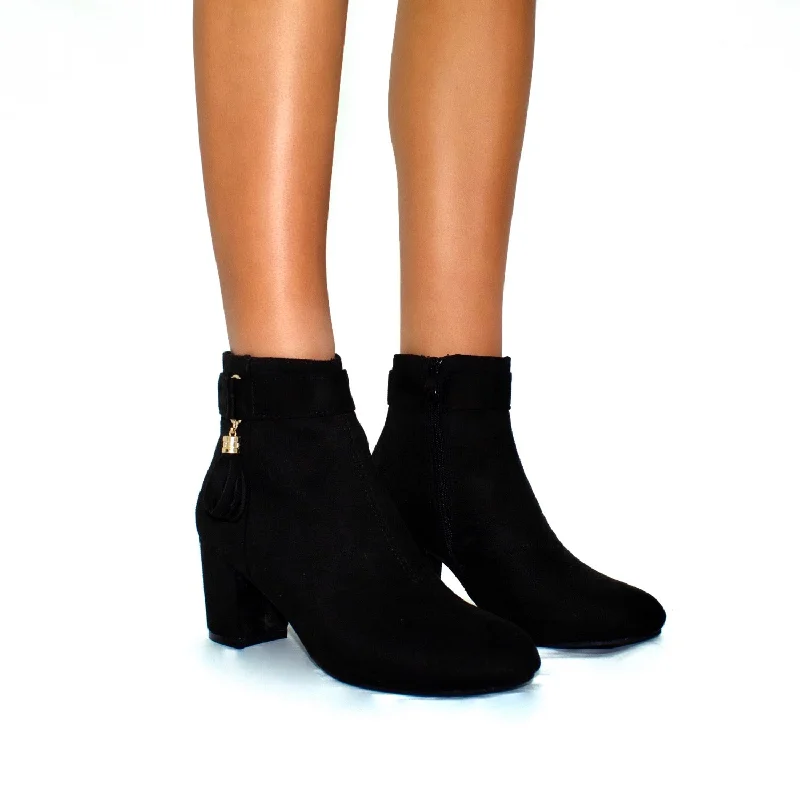 Dani - Black Faux Suede With Gold Tassel Detail Low Heel Ankle Boots