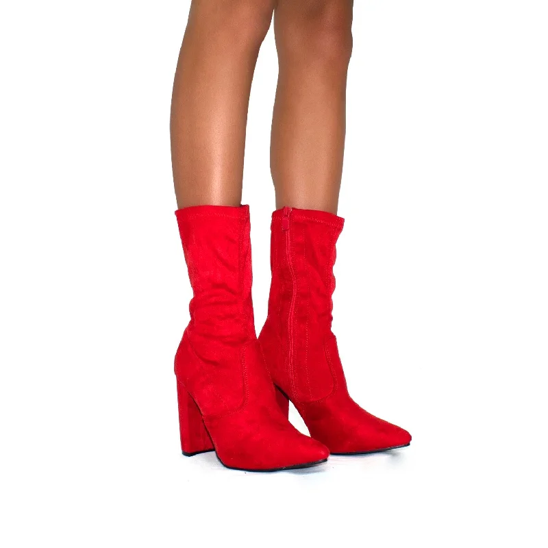 Gracie - Red Faux Suede Pointed Toe Block Heel Ankle Boots