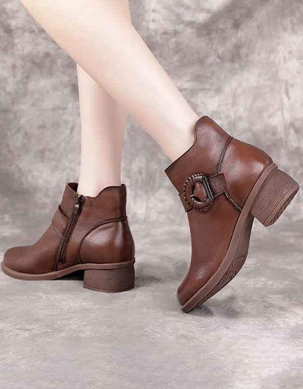 Handmade Buckle Chunky Heel Retro Short Boots