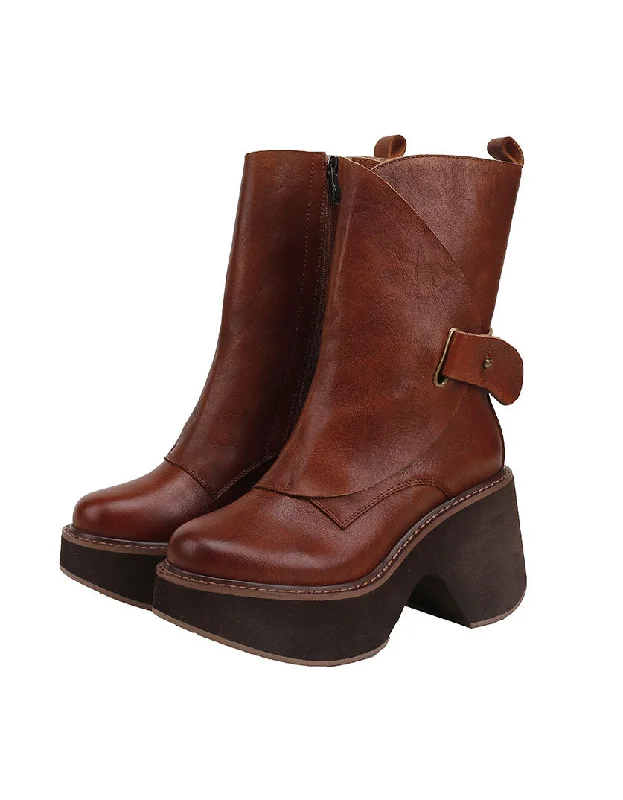 Handmade Platform Leather Mid-calf Boots