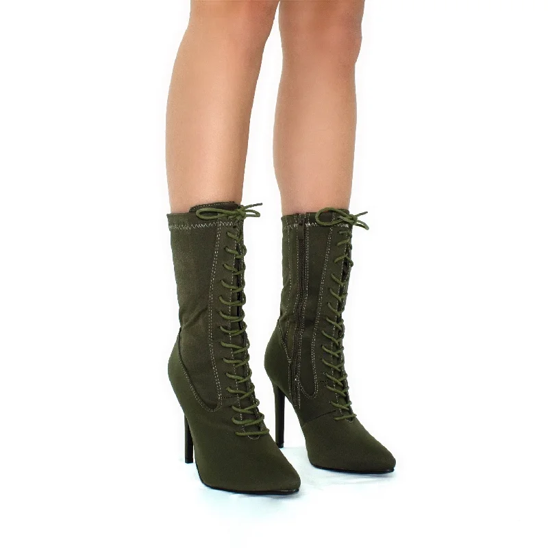 Kennedy- Khaki Lycra Pointed Toe Zip Up Stilletto Heel Ankle Boots