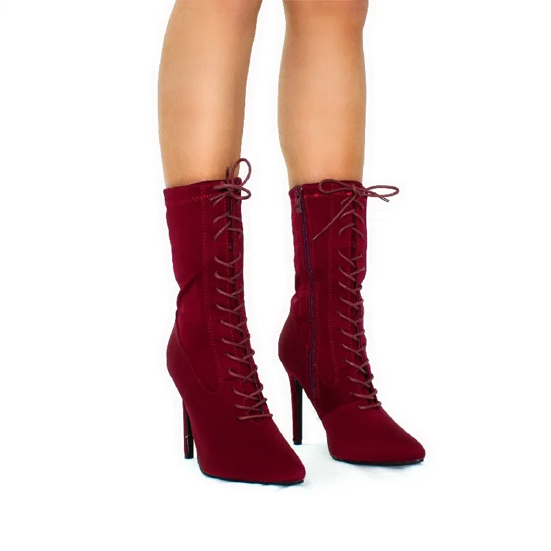 Kennedy- Wine Lycra Pointed Toe Zip Up Stilletto Heel Ankle Boots