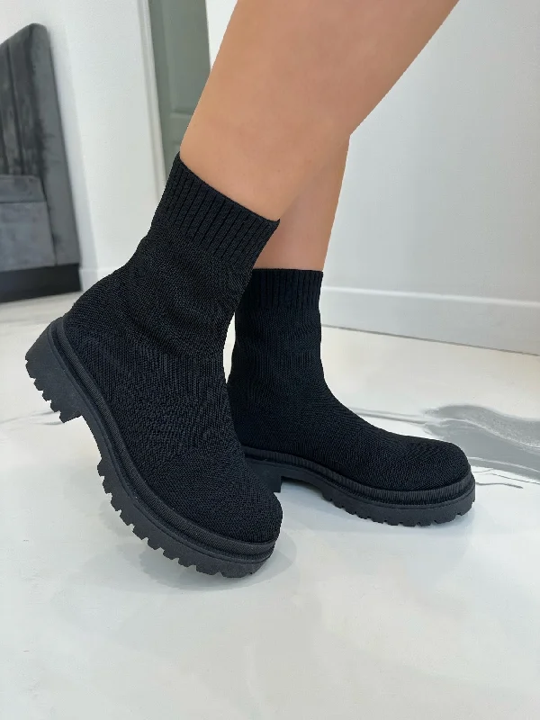 Monica - Black Flyknit Sock Chunky Sole Ankle Boots