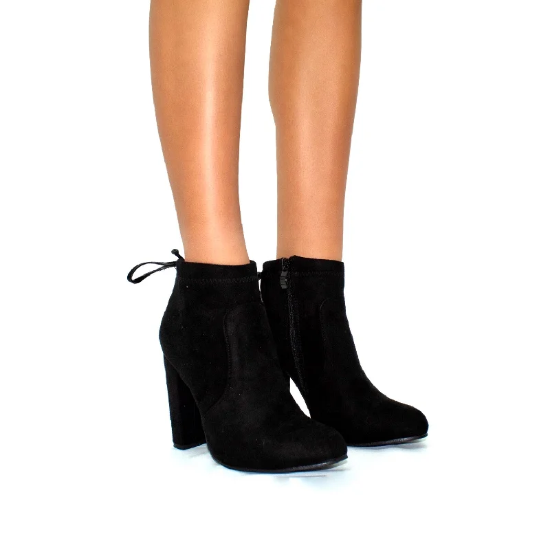 Naomi - Black Faux Suede Rounded Toe Block Heel Ankle Boots