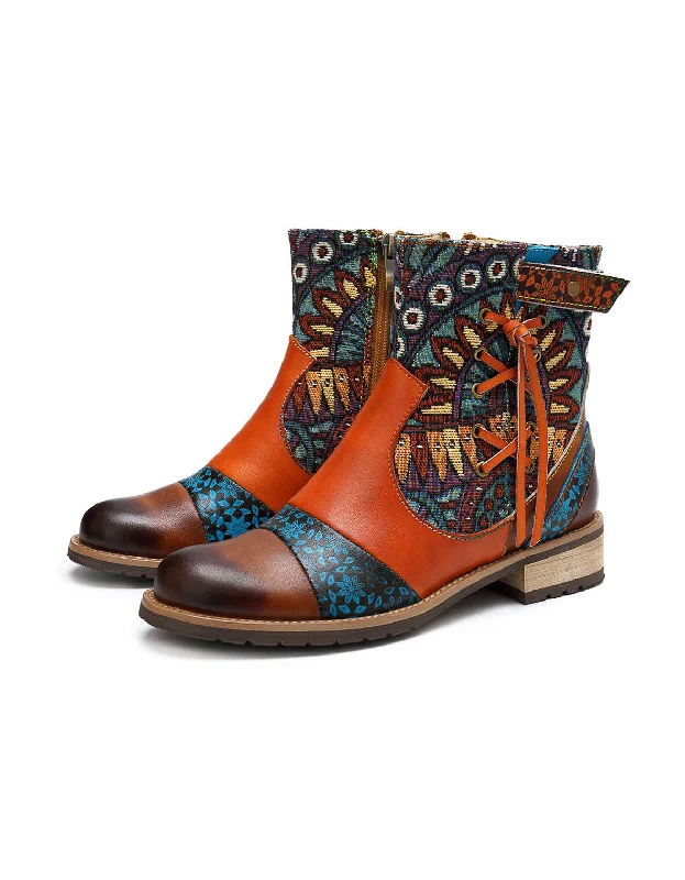 Printed Leather Jacquard Tassel Ankle Boots 36-42