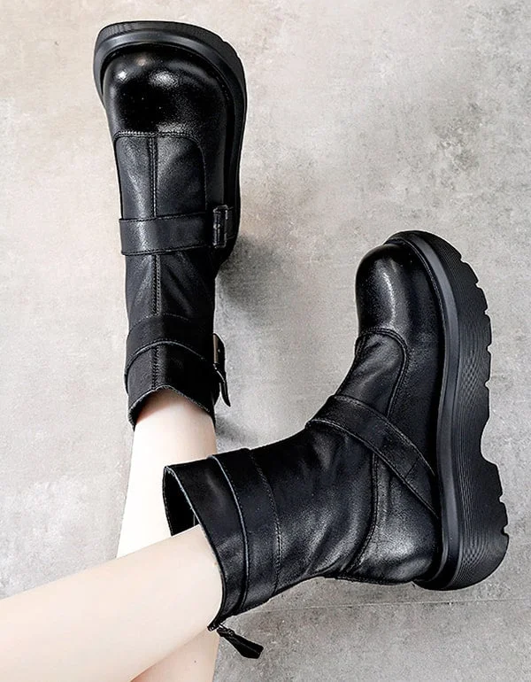 Retro Leather Thick Heel Mid-tube Buckle Black Boots