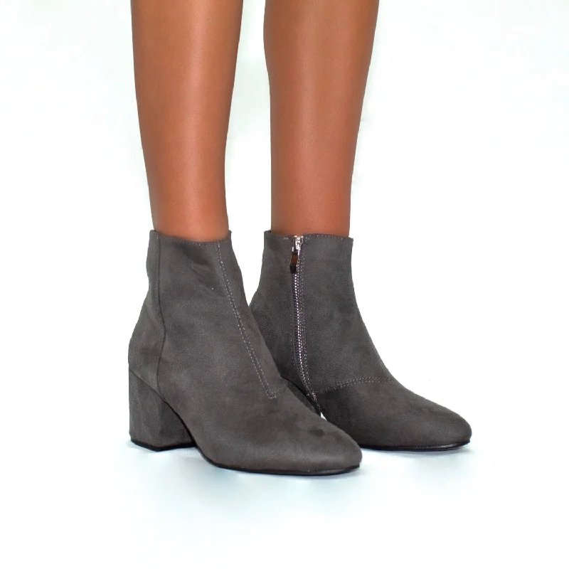 Theodora - Grey Faux Suede Pointed Toe Block Heel Ankle Boots