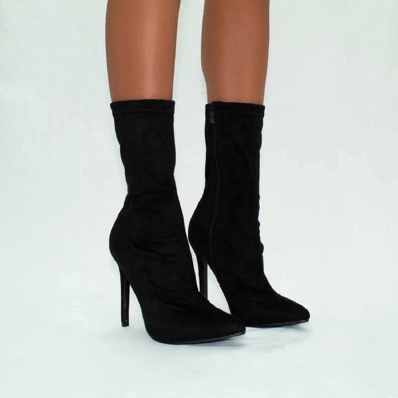 Turner - Black Stretch Faux Suede Zip Up Stilletto Heel Ankle Boots