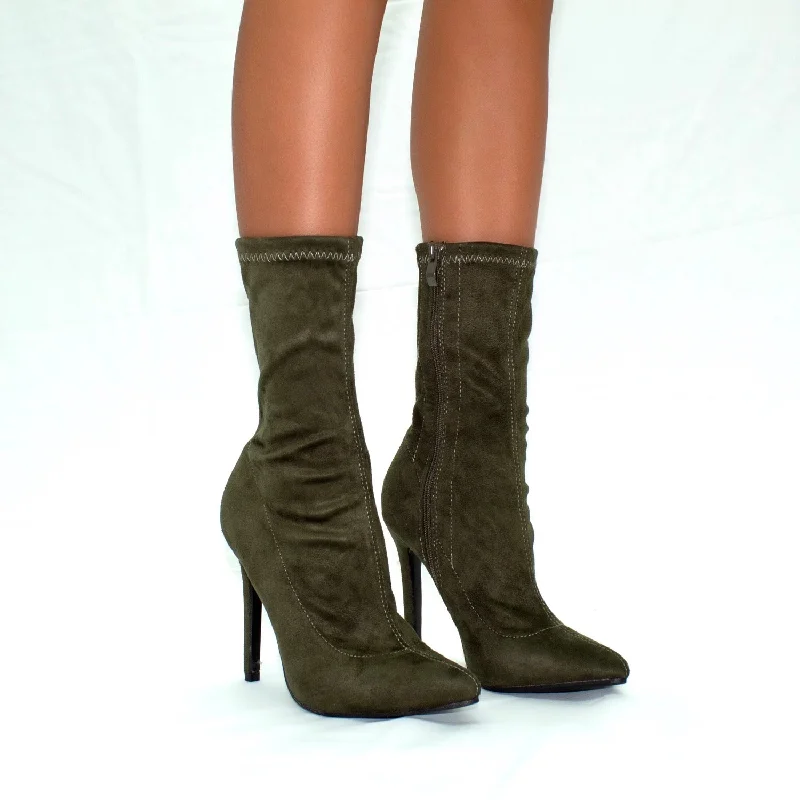 Turner - Khaki Stretch Faux Suede Zip Up Stilletto Heel Ankle Boots