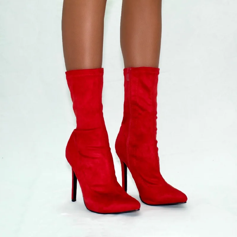 Turner - Red Stretch Faux Suede Zip Up Stilletto Heel Ankle Boots