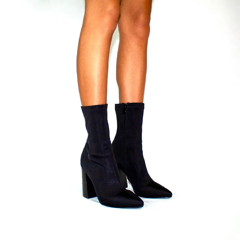 Ursula- Black Lycra Pointed Toe Block Heel Ankle Boots