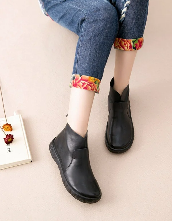 Winter Retro Leather Women's Black Boots Plush